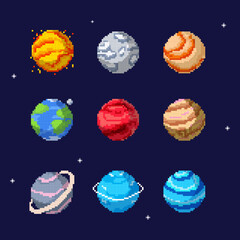 Pixel planets vector set. Solar system planets: Mercury, Venus, Earth, Mars, Jupiter, Saturn, Uranus, Neptune, Pluto. Pixel art style vector illustration.