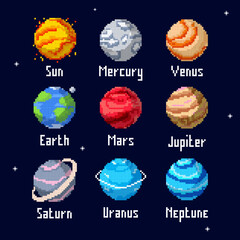 Pixel planets vector set. Solar system planets: Mercury, Venus, Earth, Mars, Jupiter, Saturn, Uranus, Neptune, Pluto. Pixel art style vector illustration. © diluck