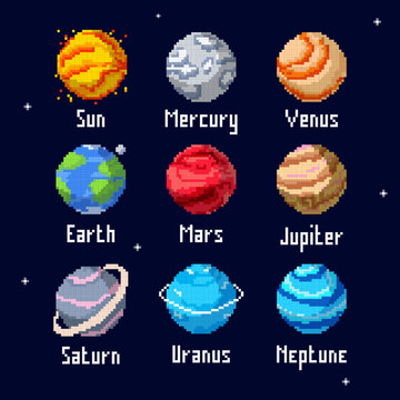 Pixel planets vector set. Solar system planets: Mercury, Venus, Earth, Mars, Jupiter, Saturn, Uranus, Neptune, Pluto. Pixel art style vector illustration.