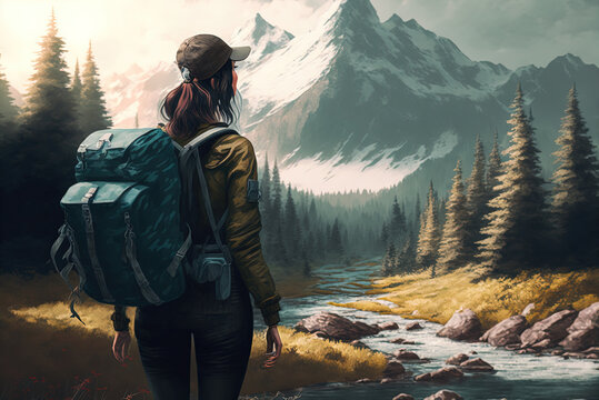 A Woman With A Backpack Is Out In The Wilderness. Generative AI