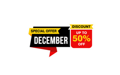 50 Percent december discount offer, clearance, promotion banner layout with sticker style.