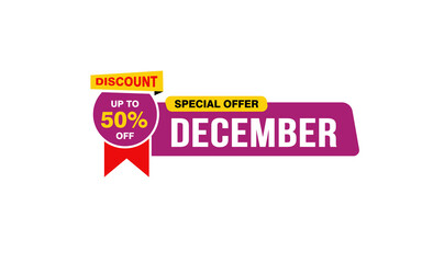 50 Percent december discount offer, clearance, promotion banner layout with sticker style.