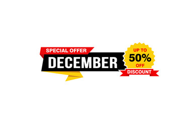 50 Percent december discount offer, clearance, promotion banner layout with sticker style.