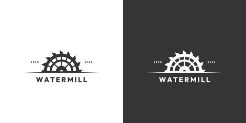 Retro vintage millwheel watermill logo vector design template, mill and water illustration - obrazy, fototapety, plakaty