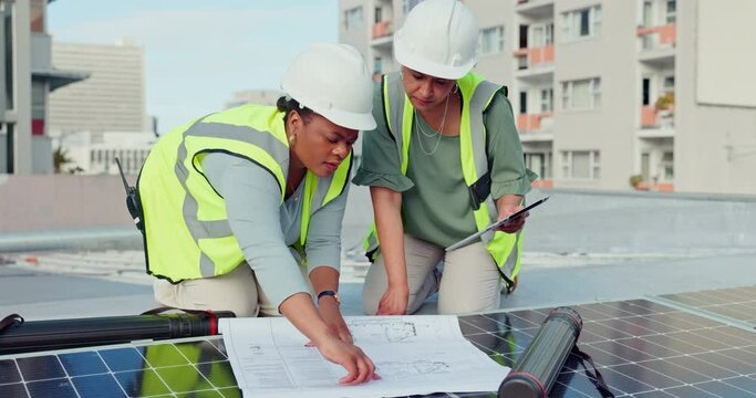 Architecture, solar panels or engineering team with blueprint of rooftop planning grid installation construction. Women, solar energy or workers with checklist or paperwork working on building safety