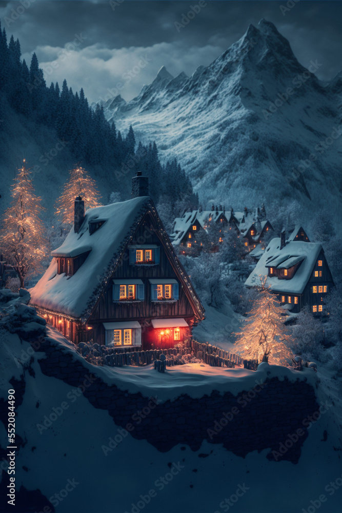 Wall mural Illustration of Swiss Alps village with Christmas lights at winter night with mountains at the background. AI generated