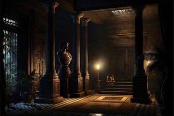 Black room interior in ancient Egyptian style, gold decor, fantasy interior. Ancient Egypt, black interior, gold, night lights, shadows. AI