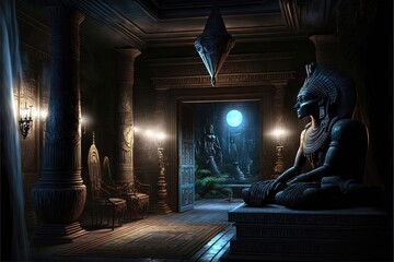 Black room interior in ancient Egyptian style, gold decor, fantasy interior. Ancient Egypt, black interior, gold, night lights, shadows. AI