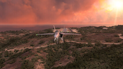 Militar aircraft flying over the clouds in amazing sunset