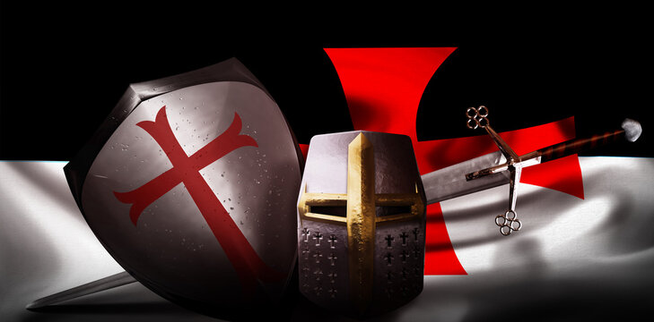 3d illustration, knight helmet shield and sword background with Templar flag