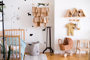 children room Scandinavian interior white walls with toys and carpet, mock up cover  