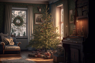 living room with christmas tree,living room interior,luxury living room