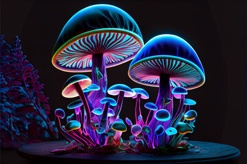 Psychedelic mushroom patch neon colors generative art