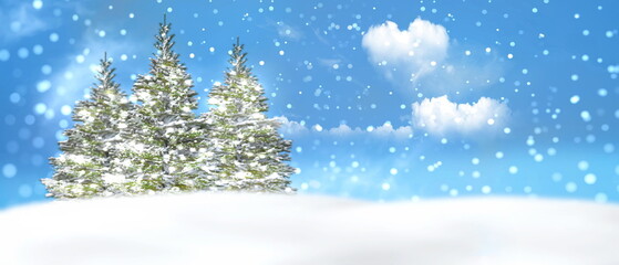 winter landscape blue sky trees covered by snow ,white clouds in heart symbol ,snowflakes fall Christmas wonderland ,banner template ,background