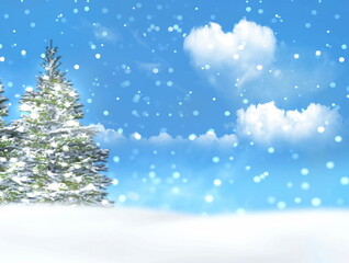 Fototapeta na wymiar winter landscape blue sky trees covered by snow ,white clouds in heart symbol ,snowflakes fall Christmas wonderland ,banner template ,background