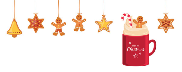 christmas card with hanging gingerbread cookies and cocoa drink