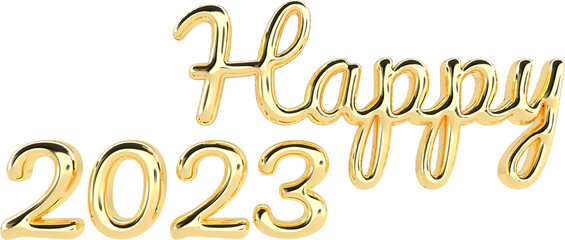 Happy 2023 Golden 3D Metallic Chrome Cursive Text Typography 