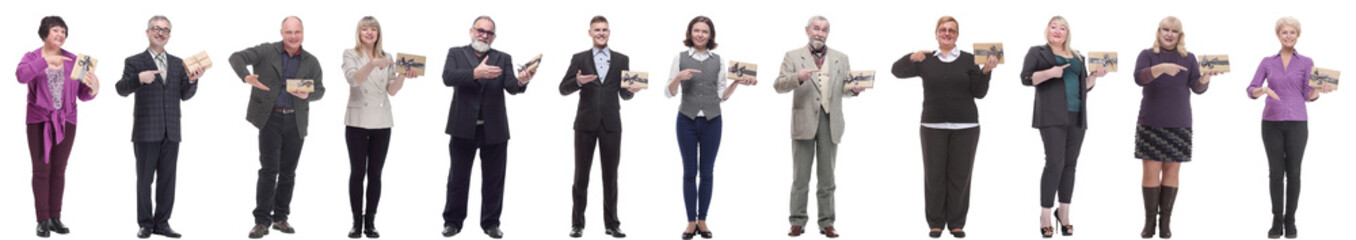 group of happy people with gifts in their hands isolated