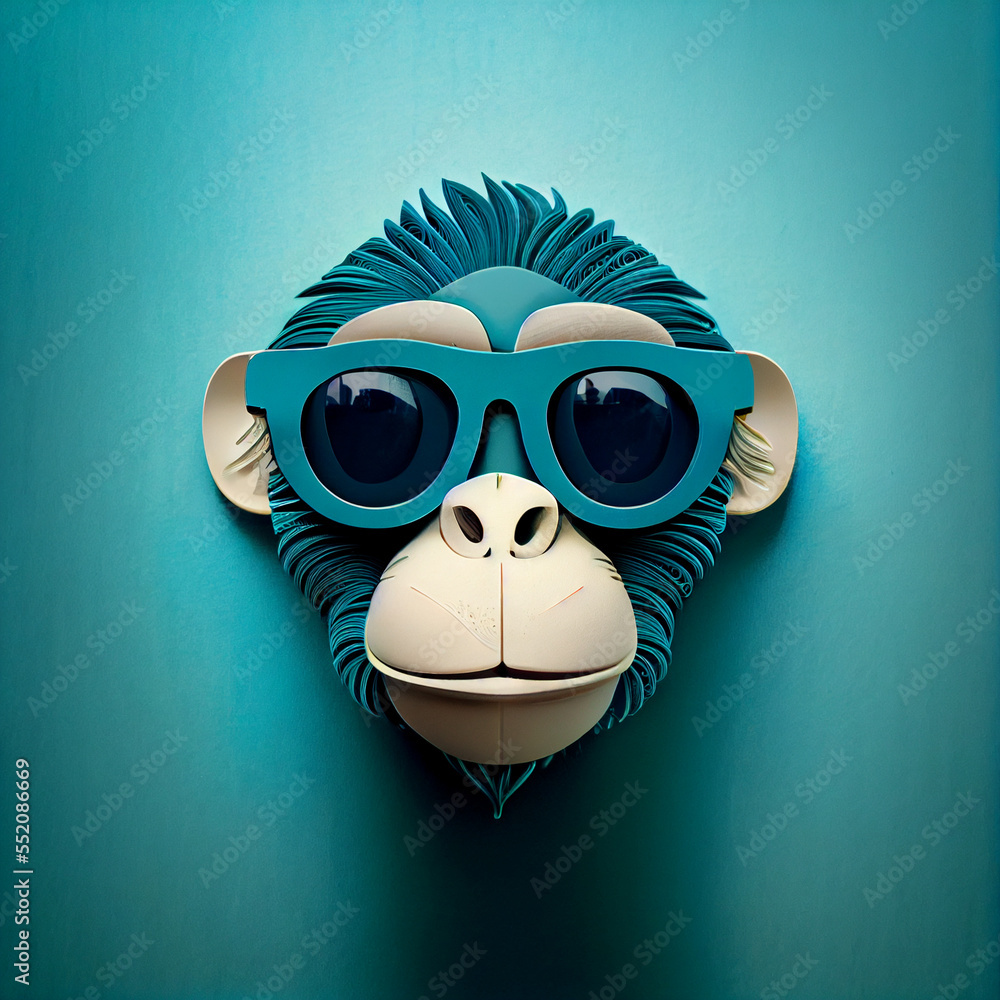 Wall mural Teal colored Design of Monkey Wearing Glasses. Generative ai