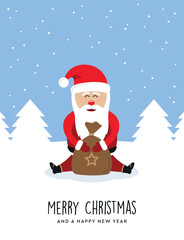 christmas greeting card with santa claus on winter landscape