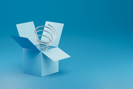 a humorous gift. open box with popping spring on a blue background. copy paste, copy space. 3D render