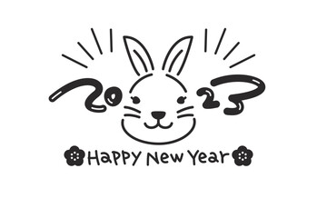 2023年卯年年賀状　シンプル手書き線画　横　黒モノクロ
