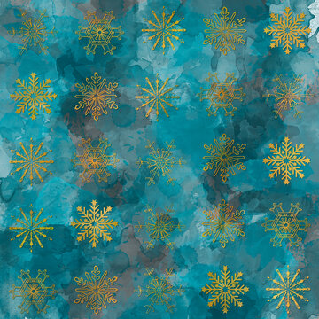 Modern gold snowflake forms arranged on a grunge blue background. Christmas background with different graphic elements.