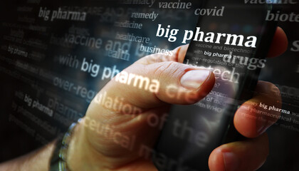 Big Pharma news titles on screen in hand with 3d illustration