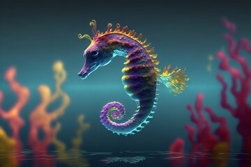 Multicoloured seahorse under water, National Day of the (Sea) Horse concept - obrazy, fototapety, plakaty