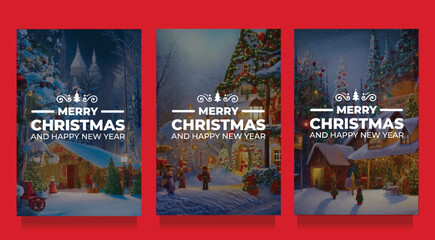 Merry Christmas Greeting Cards Set With Different Illustration