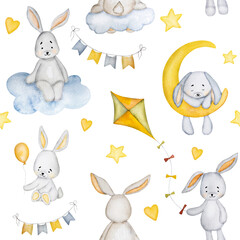 Cute watercolor bunny rabbit paintings for postcard