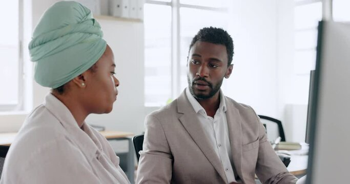 Documents, lawyer and businessman with black woman for contract review, portfolio communication or office management planning. African, paper and manager or advisory talk to employee for legal advice