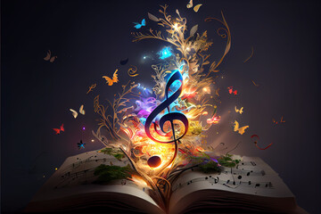 Vibrant music notes springing from an open book, symbolizing sound healing therapy, with elements of yoga and meditation for mental well-being and stress relief generative Ai   - obrazy, fototapety, plakaty