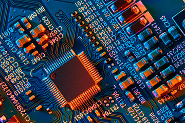 Electronic circuit board close up.	