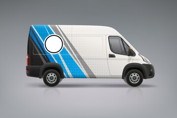 Company Van mockup with branding design. Abstract blue graphics corporate identity for company car. Corporate Van mockup. Vehicle branding graphics. Editable vector template