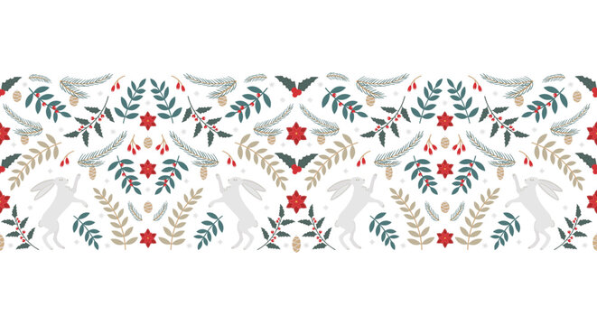 Horizontal Christmas seamless pattern with natural elements: fir branch, cone, bunny, snowflake, berries, poinsettia. New Year's Eve pattern in a flat style. Vector image.