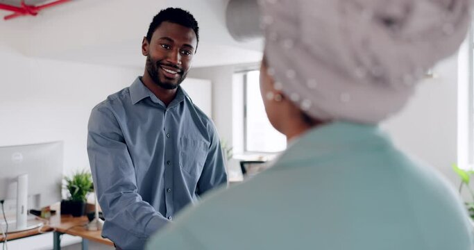 Handshake, HR or business people for hiring, welcome or thank you for interview, recruitment or b2b deal. Teamwork, partnership or black people shaking hands for support, collaboration or success