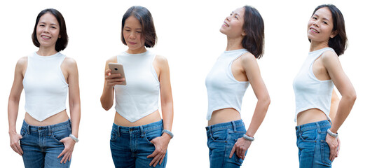 Obraz premium Set photo. Middle-aged Asian woman, model. Sexy young woman in a tight-fitting white shirt, jeans, beautiful body on white background or wallpaper