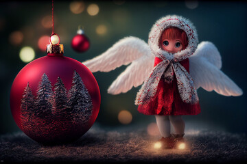 Cute little Christmas angel on a blurred Christmas background with Christmas decorations and a red ball. Christmas illustration for decor, design, background, template