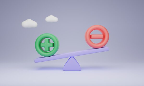 Pros and Cons abstract comparison concept, 3D illustration.Good and bad feedback analysis.Choosing right decision and evaluating positive versus negative.Choice between different views and arguments.