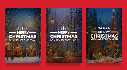 Merry Christmas Greeting Cards Set With Different Illustration