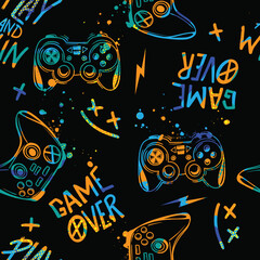 Abstract Seamless hand drawn pattern with joystick. Gamer elements for boy t-shirt design. Repeat print with gamepad sign for boys textile and more  © SokolArtStudio