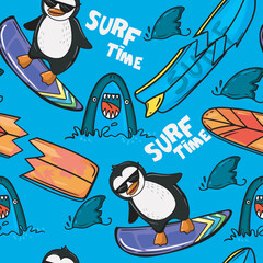 Abstract seamless shark pattern with surfboard repeated backdrop. cracked grunge backdrop. cartoon style for kids wear, wrapping paper for child. 