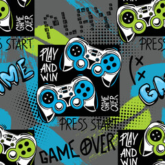 Abstract Seamless hand drawn pattern with joystick. Gamer elements for boy t-shirt design. Repeat print with gamepad sign for boys textile and more  © SokolArtStudio