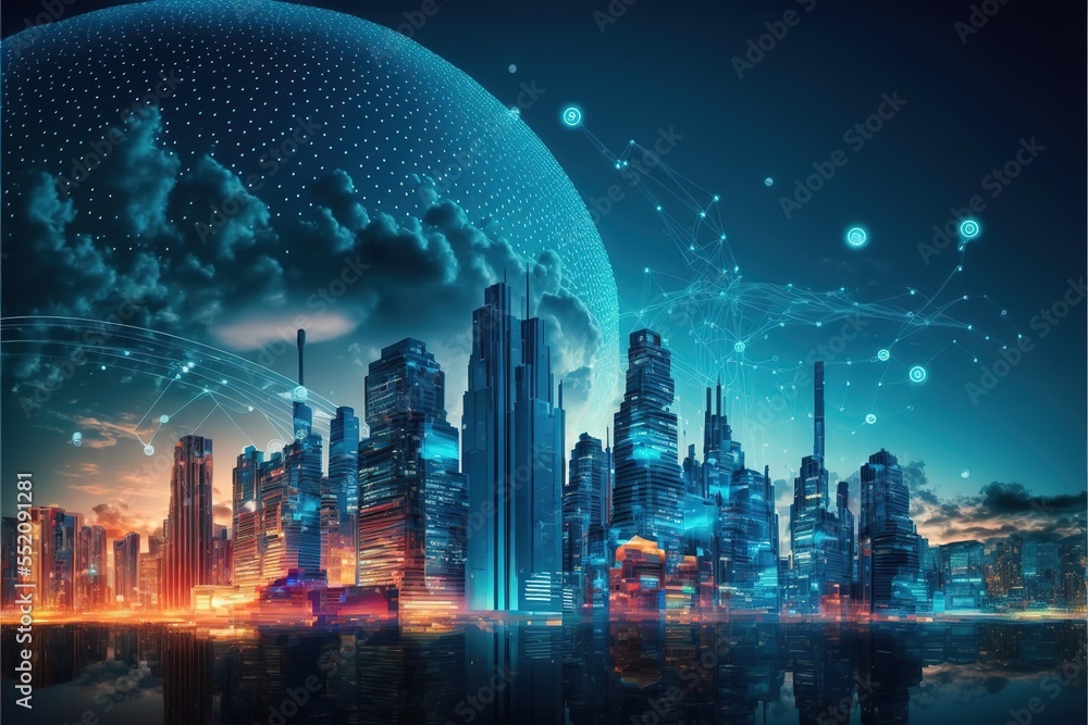 Wall mural smart city at night, application development concept, smart city, Internet of things, smart life, information technology, gradient grid line Generative AI