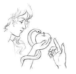 Pencil drawing. Eve Offers Adam the Forbidden Fruit