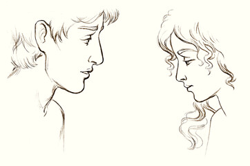 Pencil drawing. Eve Offers Adam the Forbidden Fruit