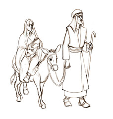 Pencil drawing. Joseph and Mary go to Bethlehem