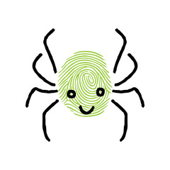 Cute fingerprint spider cartoon illustration. Idea for painting insects with fingerprints for kids. Colorful childish drawing. Game, learning, education, development concept.