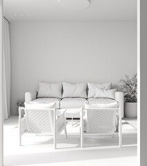 Mock up minimalist living room in white color with sofa and armchair. Scandinavian style, 3D rendering
